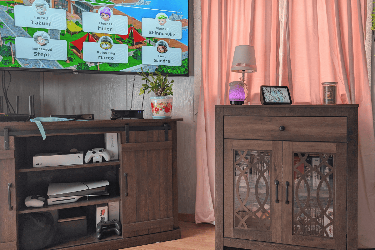 clean living room entertainment console after quick tidy reset